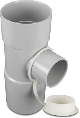 T-piece 90° PVC-U glue socket grey type with leaf catcher and overflow 50mm