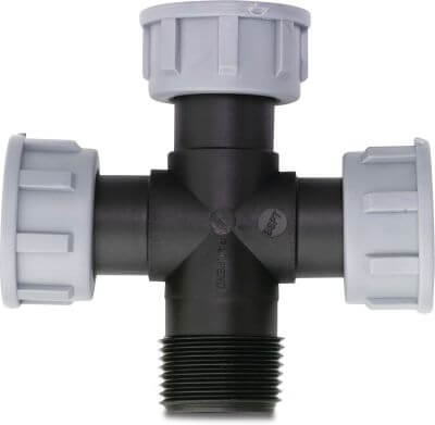 Tavlit Swivel kryss 90° PP 10 bar invändig gänga x invändig gänga x invändig gänga x utvändig gänga type with O-ring