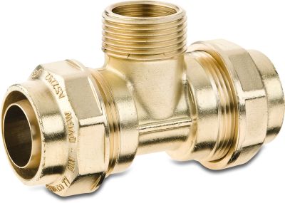 Beulco T-Stück 90° Messing KIWA 10 bar Klemm x Außengewinde x Klemm Typ 77180