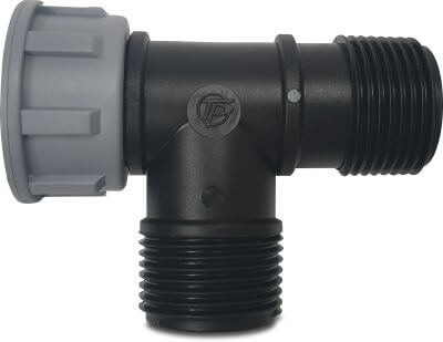 Tavlit Swivel T-koppling 90° PP 10 bar invändig gänga x utvändig gänga x utvändig gänga type with O-ring