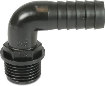 Vinkel 90° PP 4 bar udvendig gevind x slangestuds sort