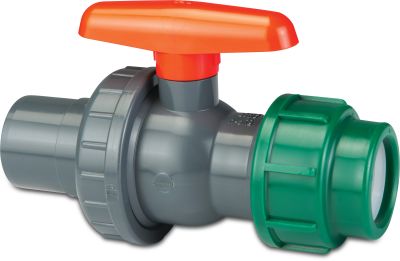 VDL Kogelkraanafsluiter PVC/PE 10 bar lijmmof/spie x knel grijs/groen