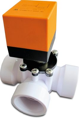 3-way actuated L-bore valve PVC-U 1,5 bar female thread white type Electronic